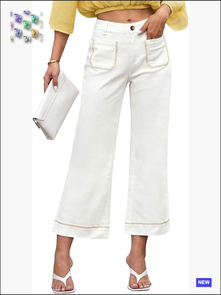 Wide Leg High Waisted Stretchy Jeans Contrast Stitching Cropped Ankle Denim